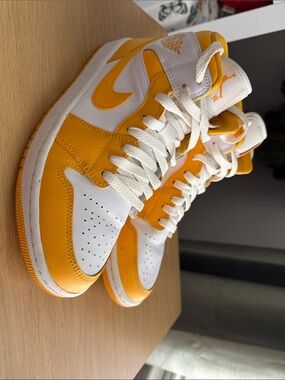 Nike Air Jordan 1 Mid White and Yellow Basketball Sneakers